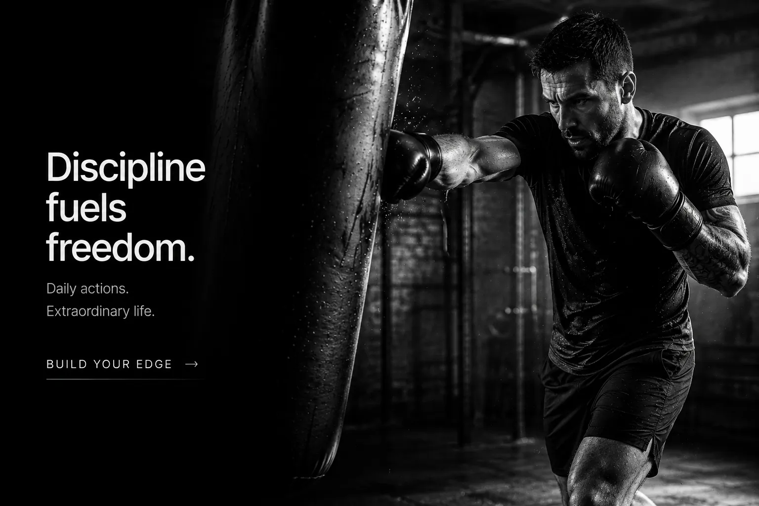 A boxer working the bag in a dark gym, mid-combination.